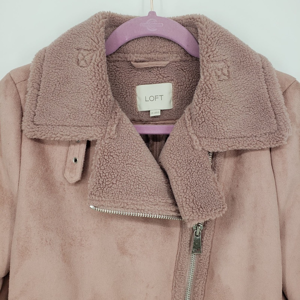 LOFT Faux Suede Aviator Jacket XS Sherpa Moto Asymmetrical Zip Up Mauve Pink - Picture 6 of 10